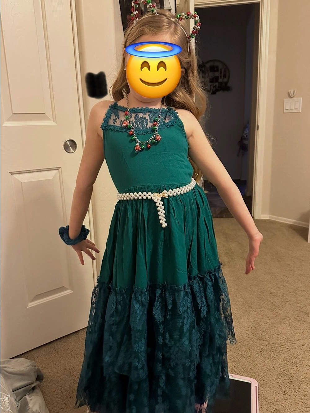 Girls Teal Lace Tiered Halter Dress